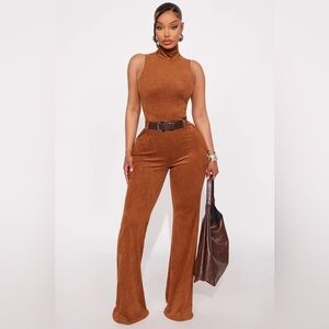 Jaylene Faux Suede Belted Jumpsuit - Camel